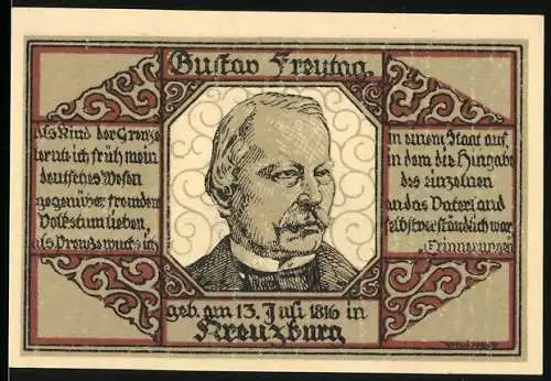 Notgeld Kreuzburg, 1 Mark, Darstellung von Gustav Freytag und Burgmotiv, Ober-Schlesien, 13. Juli 1816