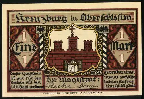 Notgeld Kreuzburg, 1 Mark, Darstellung von Gustav Freytag und Burgmotiv, Ober-Schlesien, 13. Juli 1816