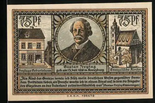 Notgeld Kreuzburg 1921, 75 Pfennig, Gustav Freytag Porträt, Geburtshaus und evangelische Kirche