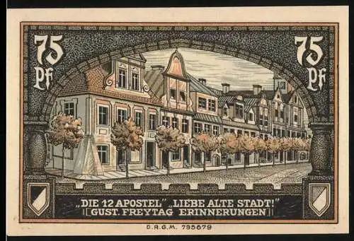 Notgeld Kreuzburg 1921, 75 Pf, Die 12 Apostel, Liebe Alte Stadt, Gust. Freytag Erinnerungen