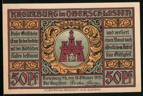 Notgeld Kreuzburg in Oberschlesien, 1921, 50 Pf, Stadtwappen und Stadtansicht mit Landarbeiter und Schmied