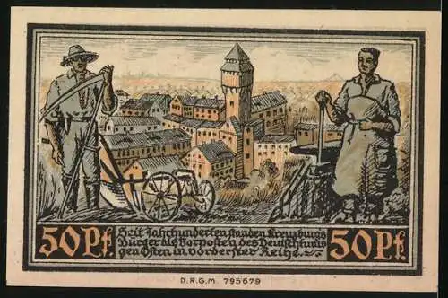 Notgeld Kreuzburg in Oberschlesien, 1921, 50 Pf, Stadtwappen und Stadtansicht mit Landarbeiter und Schmied