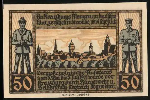 Notgeld Kreuzburg 1921, 50 Pfennig, Stadtansicht mit Soldaten und Stadtwappen