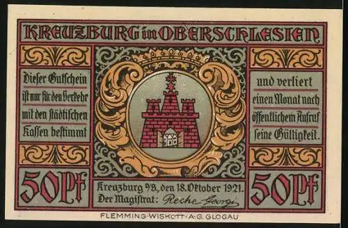 Notgeld Kreuzburg 1921, 50 Pfennig, Stadtansicht mit Soldaten und Stadtwappen