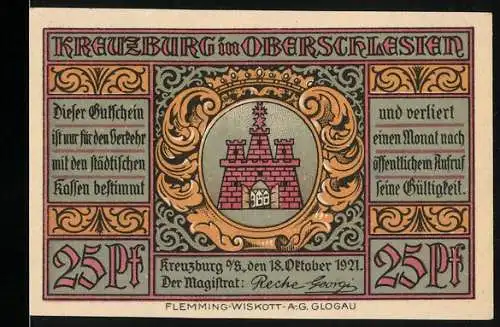 Notgeld Kreuzburg in Oberschlesien, 1921, 25 Pf, Burg, Glockenmotiv