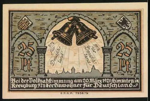 Notgeld Kreuzburg in Oberschlesien, 1921, 25 Pf, Burg, Glockenmotiv