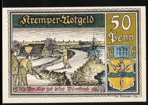 Notgeld Krempe, 1921, 50 Pfennig, historische Darstellung mit Arbeits- und Küstenszene, Tänzer