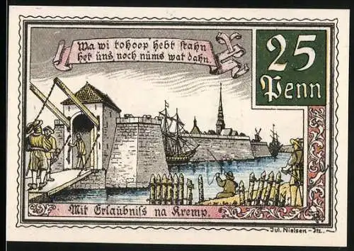 Notgeld Krempe 1920, 25 Pf, Hafenansicht mit Zugbrücke und Rolandsstatue auf Rückseite