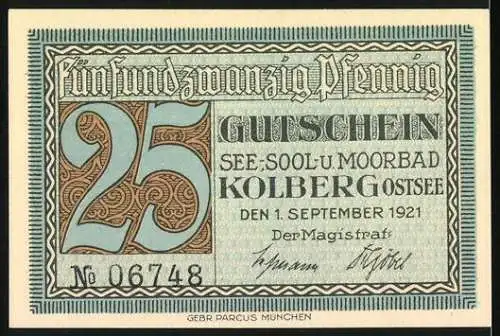 Notgeld Kolberg 1921, 25 Pf, Familienbad und Gutschein See-Sool-Moorbad