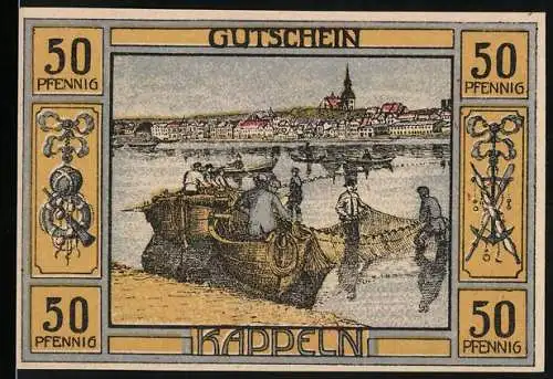 Notgeld Kappeln, 1920, 50 Pfennig, Fischer an Land, Stadtansicht und Wappen