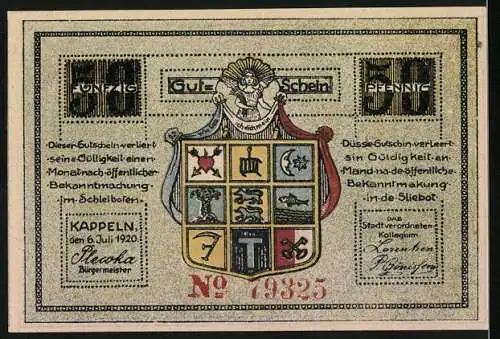 Notgeld Kappeln, 1920, 50 Pfennig, Fischer an Land, Stadtansicht und Wappen