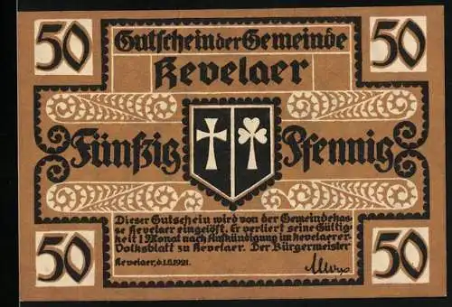 Notgeld Kevelaer, 1921, 50 Pfennig, Gutschein der Gemeinde mit Wappen und Madonnenabbildung