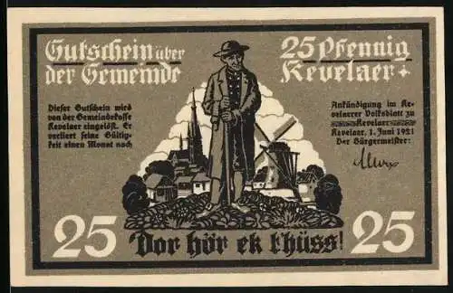 Notgeld Kevelaer, 1921, 25 Pfennig, Bauer vor Dorf und Wappen mit Kirche