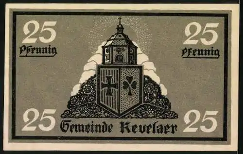 Notgeld Kevelaer, 1921, 25 Pfennig, Bauer vor Dorf und Wappen mit Kirche