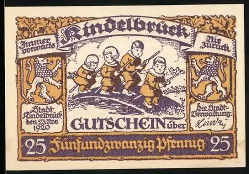 Notgeld Kindelbrück 1920, 25 Pfennig, Kinder auf Brücke und Stadtansicht mit Gebäuden und Türmen