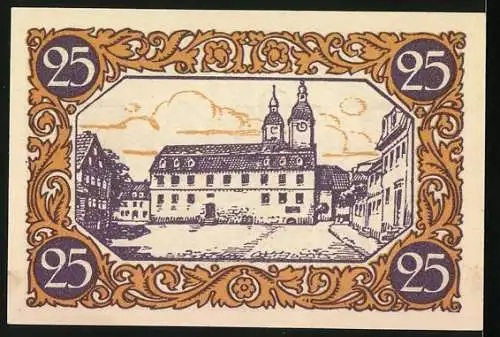 Notgeld Kindelbrück 1920, 25 Pfennig, Kinder auf Brücke und Stadtansicht mit Gebäuden und Türmen