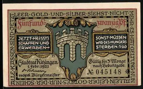 Notgeld Kitzingen 1921, 25 Pfennig, Stadtwappen und Bauer mit Weinfass