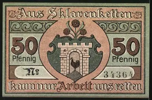 Notgeld Kaltennordheim 1919, 50 Pfennig, Gutschein der Gemeinde mit Bauer beim Säen und Festungstor