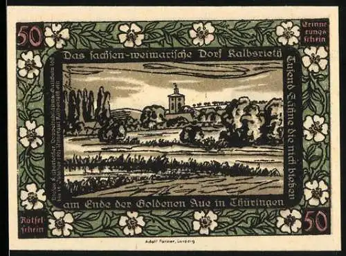 Notgeld Kalbsrieth, 50 Pfennig, Landschaft und Ritterabbildung, Thüringen, Erinnerungsschein