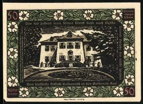 Notgeld Kalbsrieth, 1921, 50 Pfennig, Schloss Kaltenbrunn und Frau mit Herz in der Hand