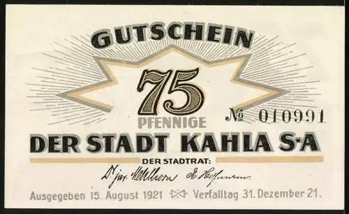 Notgeld Kahla, 1921, 75 Pfennig, Stadtansicht und Porzellangeschirr, mit Spruch Behaltet Kahla`s Scherben fein, ...