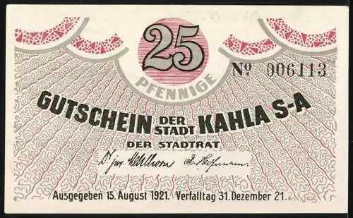 Notgeld Kahla 1921, 25 Pfennig, Stadtansicht mit Porzellandekor, ausgegeben 15. August 1921, verfallt 31. Dezember 1921