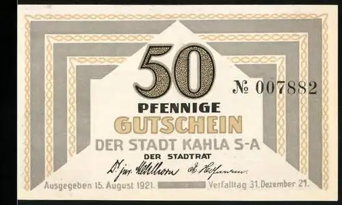 Notgeld Kahla 1921, 50 Pfennig, Gutschein der Stadt Kahla S-A mit Schlossansicht