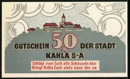 Notgeld Kahla 1921, 50 Pfennig, Gutschein der Stadt Kahla S-A mit Schlossansicht