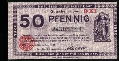 Notgeld Köln 1920, 50 Pfennig, Ritter und Gebäudeabbildung