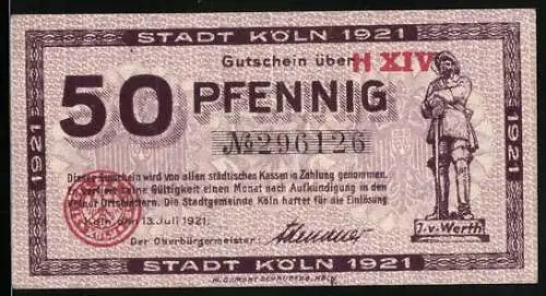 Notgeld Köln 1921, 50 Pfennig, Gutschein über 50 Pfennig mit Jan und Griet Illustration