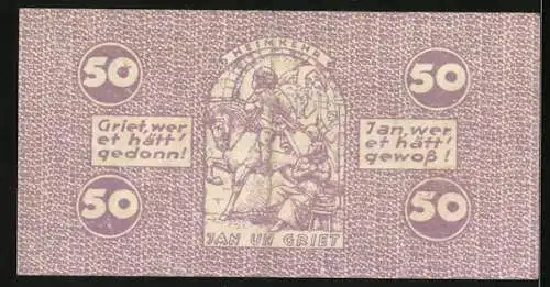 Notgeld Köln 1921, 50 Pfennig, Gutschein über 50 Pfennig mit Jan und Griet Illustration