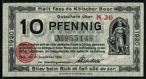 Notgeld Köln 1920, 10 Pfennig, Kölner Rathaus und historische Figur