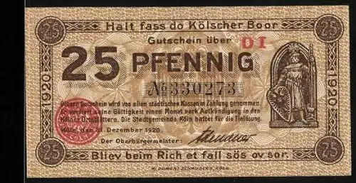 Notgeld Köln 1920, 25 Pfennig, Halvfass do Kölscher Boor, Stadtansicht und historisches Gebäude