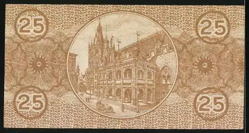 Notgeld Köln 1920, 25 Pfennig, Halvfass do Kölscher Boor, Stadtansicht und historisches Gebäude