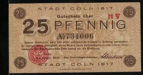 Notgeld Cöln 1917, 25 Pfennig, Stadt Cöln Gutschein über 25 Pfennig, Stadtansicht Rückseite