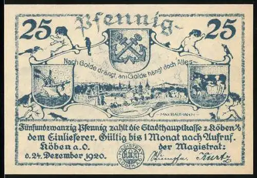 Notgeld Köben a.O., 1920, 25 Pfennig, Stadtansicht und Stadtwappen, gültig bis 1 Monat nach Aufruf