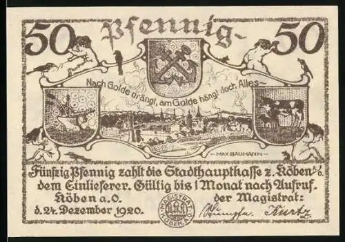 Notgeld Köben, 1920, 50 Pfennig, Stadtansicht mit Wappen und Inschrift Nach Golde drängt, am Golde hängt doch ...