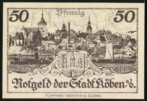 Notgeld Köben, 1920, 50 Pfennig, Stadtansicht mit Wappen und Inschrift Nach Golde drängt, am Golde hängt doch ...