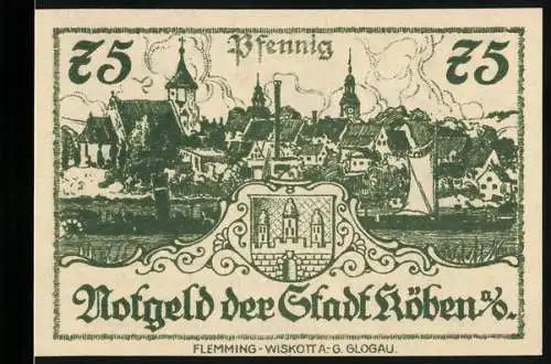 Notgeld Köben a.O., 1920, 75 Pfennig, Stadtansicht und Wappen, Gültig bis 1 Monat nach Aufruf, Originalsignaturen