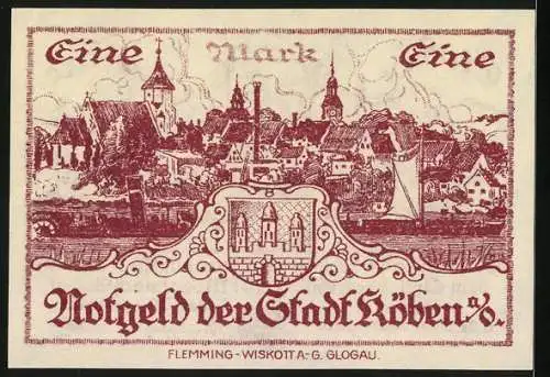 Notgeld Köben, 1920, 1 Mark, Stadtansicht mit Wappen und Aufschrift Nach Golde drängt, am Golde hängt doch Alles