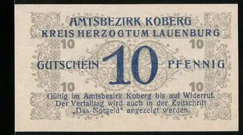 Notgeld Koberg 1921, 10 Pfennig, Amtsbezirk Koberg Kreis Herzogtum Lauenburg Gutschein