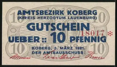 Notgeld Koberg 1921, 10 Pfennig, Amtsbezirk Koberg Kreis Herzogtum Lauenburg Gutschein