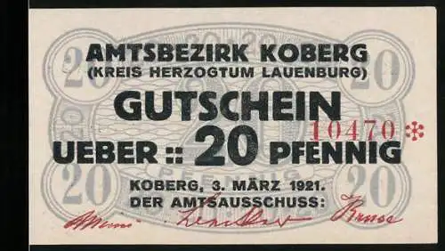 Notgeld Koberg 1921, 20 Pfennig, Amtsbezirk Koberg Kreis Herzogtum Lauenburg Gutschein Ueber 20 Pfennig