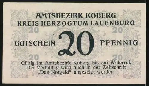 Notgeld Koberg 1921, 20 Pfennig, Amtsbezirk Koberg Kreis Herzogtum Lauenburg Gutschein Ueber 20 Pfennig