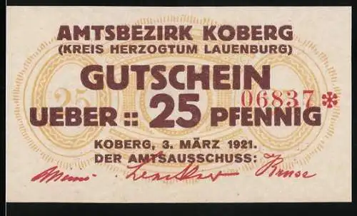 Notgeld Koberg 1921, 25 Pfennig, Amtsbezirk Koberg (Kreis Herzogtum Lauenburg), Gutschein gültig bis auf Widerruf