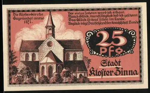 Notgeld Kloster Zinna, 1921, 25 Pfennig, Jubiläums-Notgeld der Stadt Kloster Zinna mit Abbildung der Klosterkirche