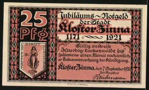 Notgeld Kloster Zinna, 1921, 25 Pfennig, Jubiläums-Notgeld der Stadt Kloster Zinna mit Abbildung der Klosterkirche