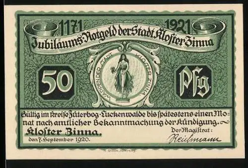 Notgeld Kloster Zinna 1921, 50 Pf, Jubiläum Notgeld mit Denkmals Friedrich des Grossen und Kirche