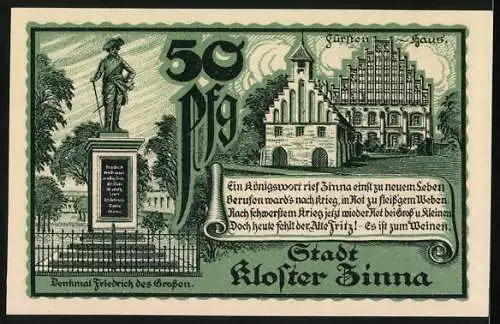 Notgeld Kloster Zinna 1921, 50 Pf, Jubiläum Notgeld mit Denkmals Friedrich des Grossen und Kirche