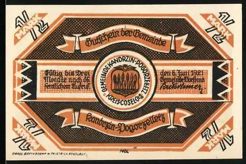 Notgeld Kandrzin-Pogorzelletz 1921, 1 /2 Mark, Landschaftsansichten und Gemeindewappen